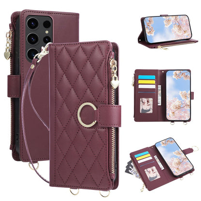 For Samsung Galaxy S25 Ultra Case Magnetic Ring Buckle Zipper Pocket Rhombic Leather Phone Cover with Wrist Strap