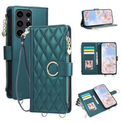 For Samsung Galaxy S25 Ultra Case Magnetic Ring Buckle Zipper Pocket Rhombic Leather Phone Cover with Wrist Strap