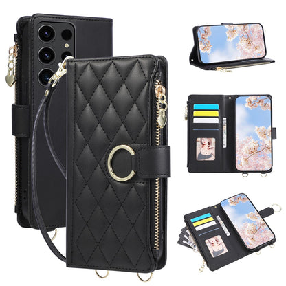 For Samsung Galaxy S25 Ultra Case Magnetic Ring Buckle Zipper Pocket Rhombic Leather Phone Cover with Wrist Strap