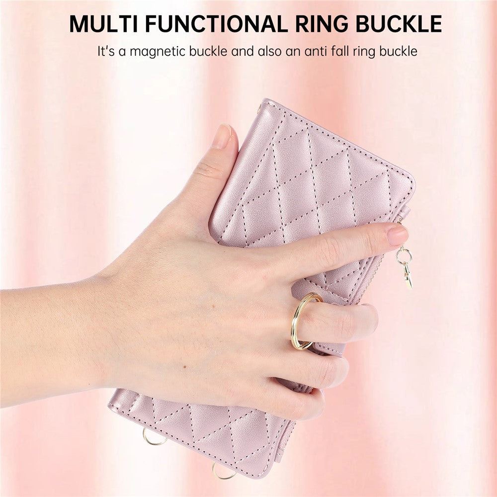 For Samsung Galaxy S26+ Case Magnetic Ring Buckle Zipper Pocket Rhombic Leather Phone Cover with Wrist Strap