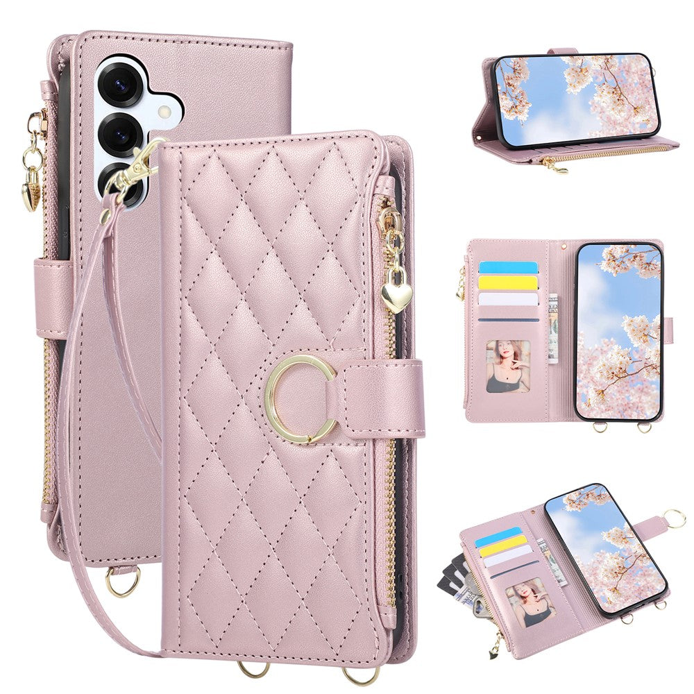 For Samsung Galaxy S26+ Case Magnetic Ring Buckle Zipper Pocket Rhombic Leather Phone Cover with Wrist Strap