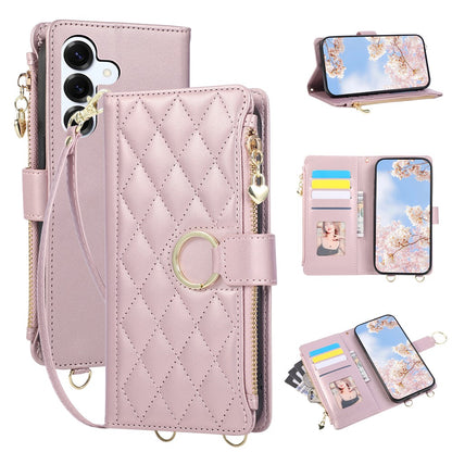 For Samsung Galaxy S26+ Case Magnetic Ring Buckle Zipper Pocket Rhombic Leather Phone Cover with Wrist Strap