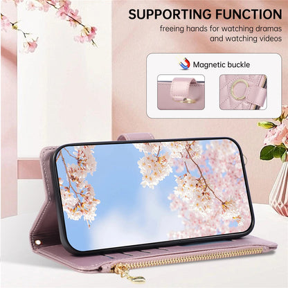 For Samsung Galaxy S26+ Case Magnetic Ring Buckle Zipper Pocket Rhombic Leather Phone Cover with Wrist Strap