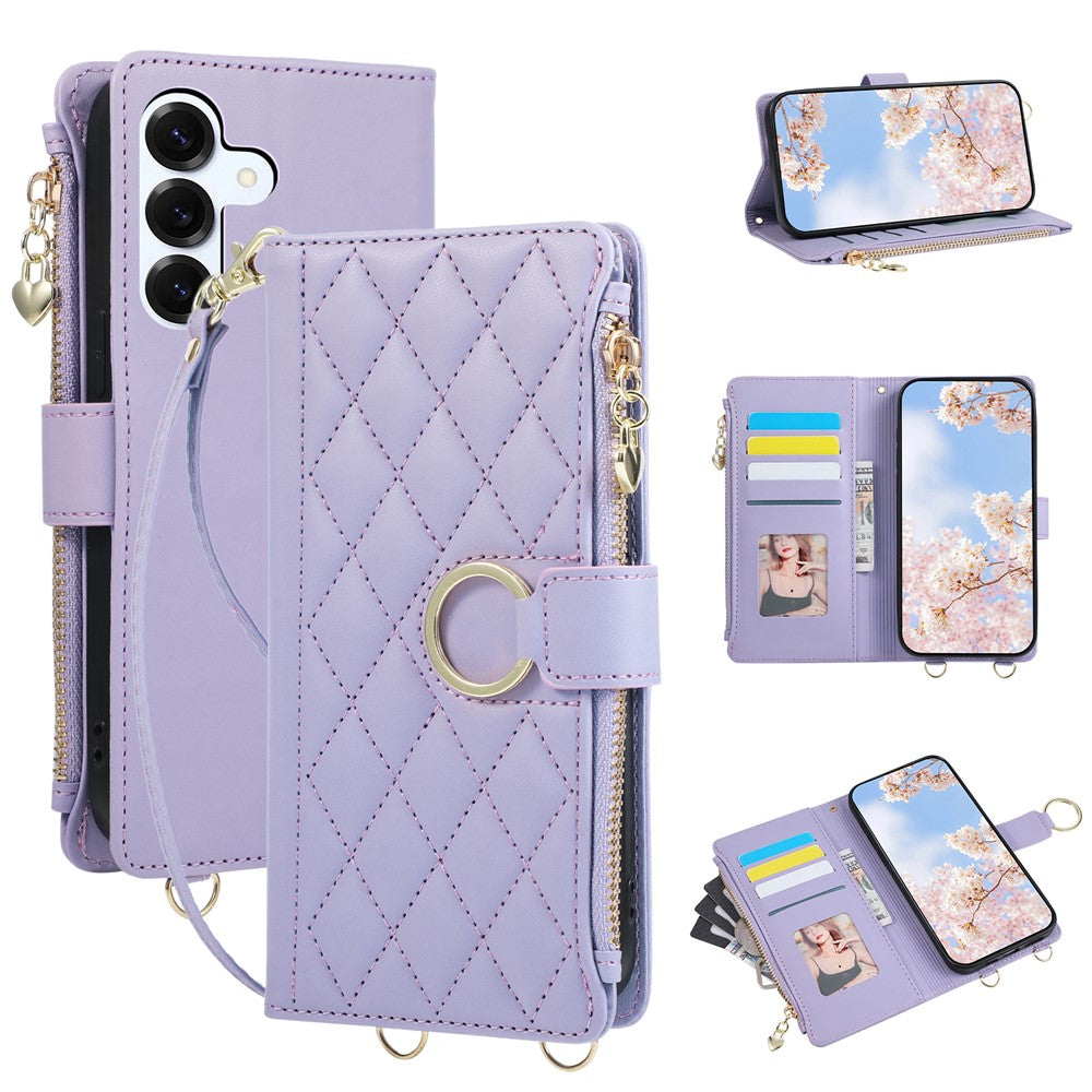 For Samsung Galaxy S26+ Case Magnetic Ring Buckle Zipper Pocket Rhombic Leather Phone Cover with Wrist Strap