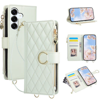 For Samsung Galaxy S26+ Case Magnetic Ring Buckle Zipper Pocket Rhombic Leather Phone Cover with Wrist Strap