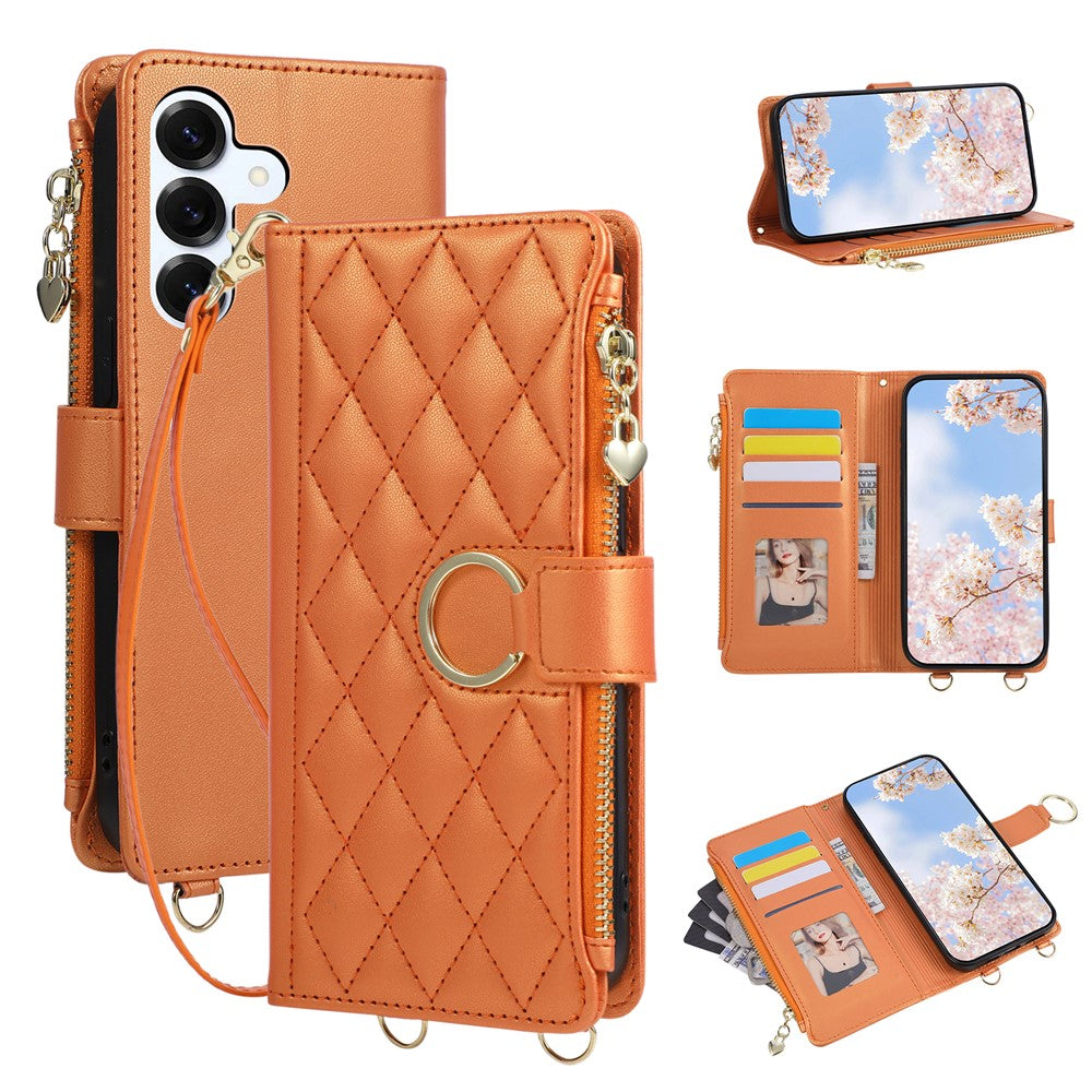 For Samsung Galaxy S26+ Case Magnetic Ring Buckle Zipper Pocket Rhombic Leather Phone Cover with Wrist Strap