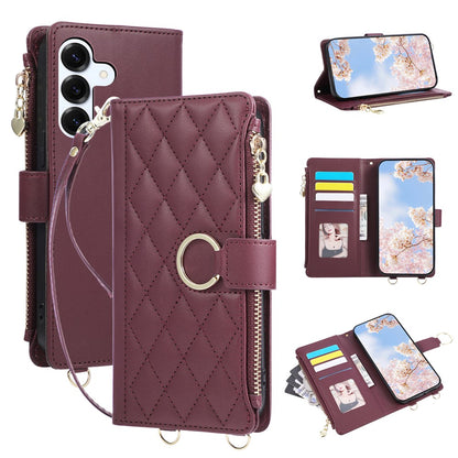For Samsung Galaxy S26+ Case Magnetic Ring Buckle Zipper Pocket Rhombic Leather Phone Cover with Wrist Strap