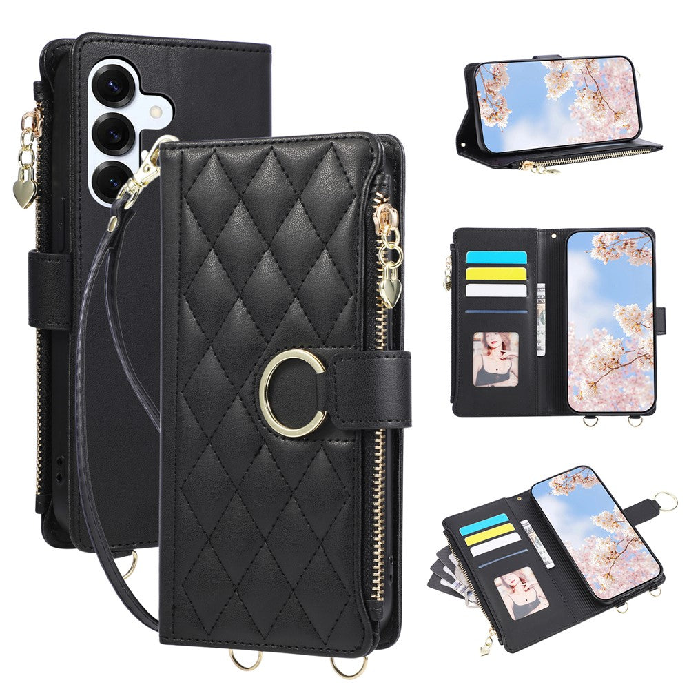 For Samsung Galaxy S26+ Case Magnetic Ring Buckle Zipper Pocket Rhombic Leather Phone Cover with Wrist Strap