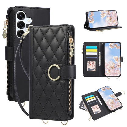 For Samsung Galaxy S26+ Case Magnetic Ring Buckle Zipper Pocket Rhombic Leather Phone Cover with Wrist Strap