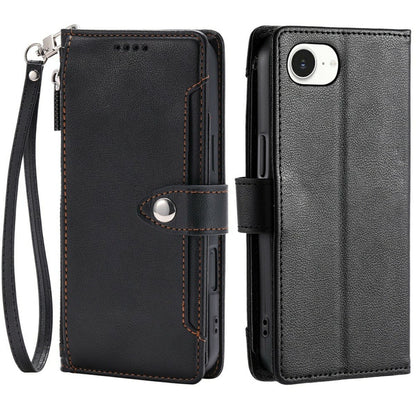 Wallet Case for iPhone 16e  /  17e Litchi Texture Zipper Pocket Stand Leather Flip Phone Cover with Wrist Strap