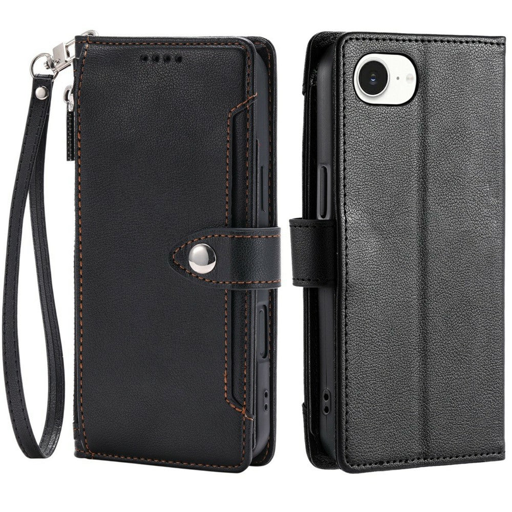 Wallet Case for iPhone 16e  /  17e Litchi Texture Zipper Pocket Stand Leather Flip Phone Cover with Wrist Strap
