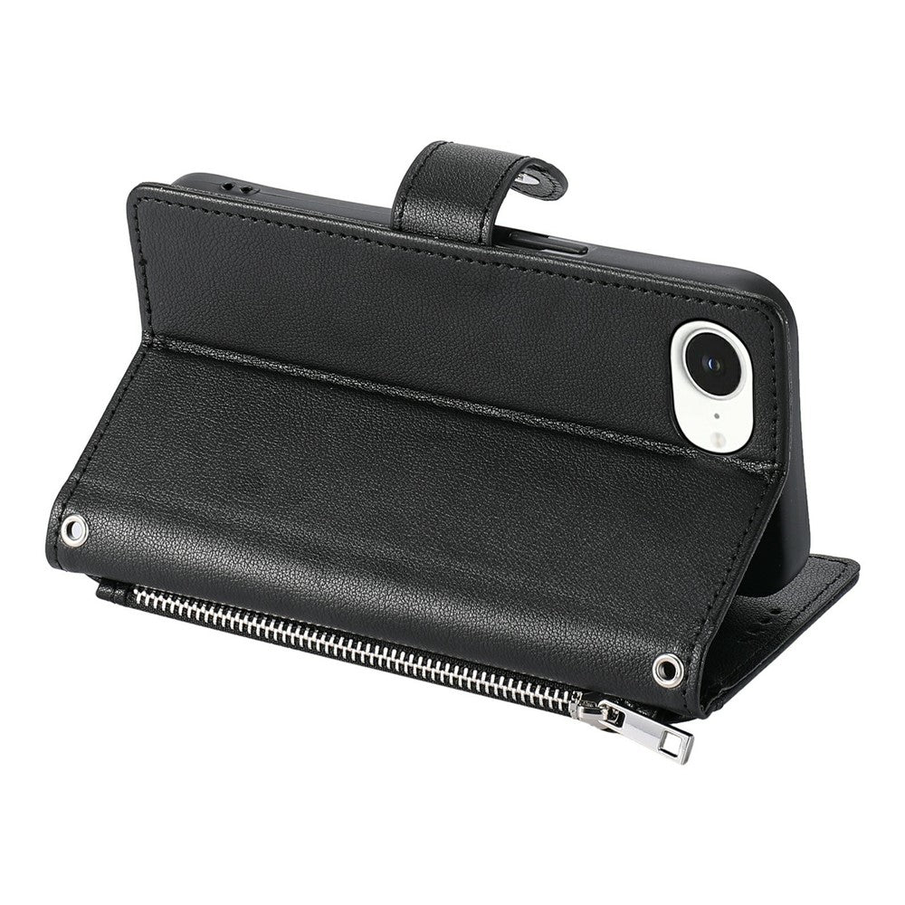 Wallet Case for iPhone 16e  /  17e Litchi Texture Zipper Pocket Stand Leather Flip Phone Cover with Wrist Strap