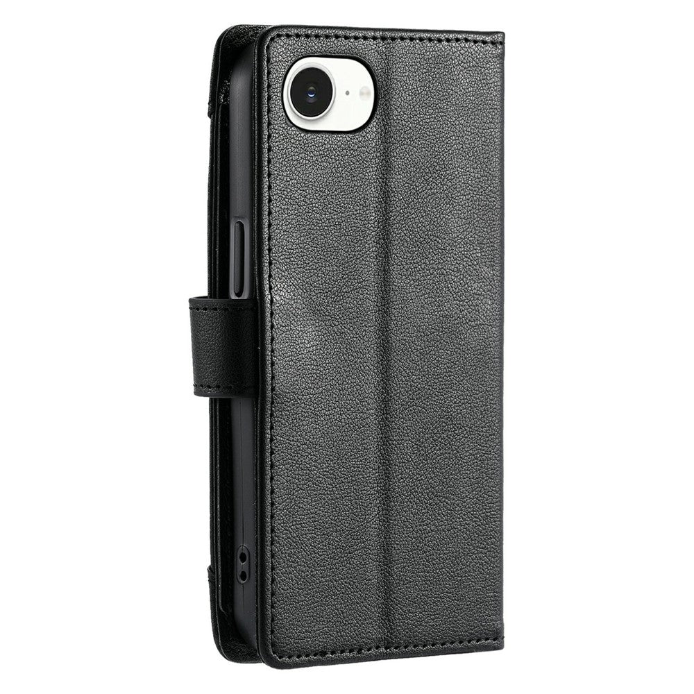 Wallet Case for iPhone 16e  /  17e Litchi Texture Zipper Pocket Stand Leather Flip Phone Cover with Wrist Strap