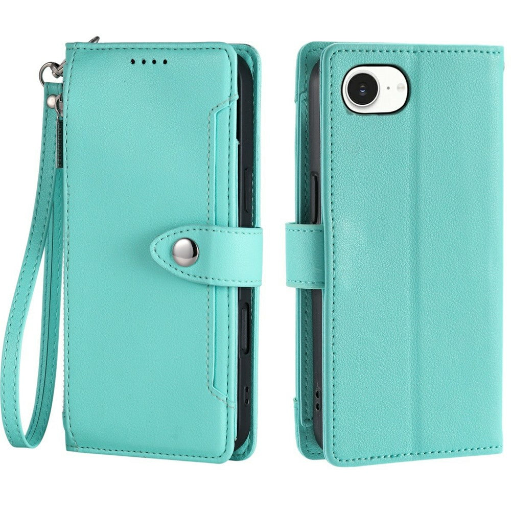 Wallet Case for iPhone 16e  /  17e Litchi Texture Zipper Pocket Stand Leather Flip Phone Cover with Wrist Strap