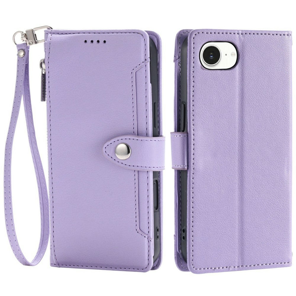 Wallet Case for iPhone 16e  /  17e Litchi Texture Zipper Pocket Stand Leather Flip Phone Cover with Wrist Strap
