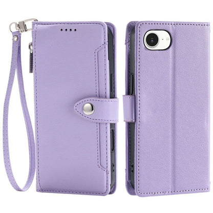 Wallet Case for iPhone 16e  /  17e Litchi Texture Zipper Pocket Stand Leather Flip Phone Cover with Wrist Strap