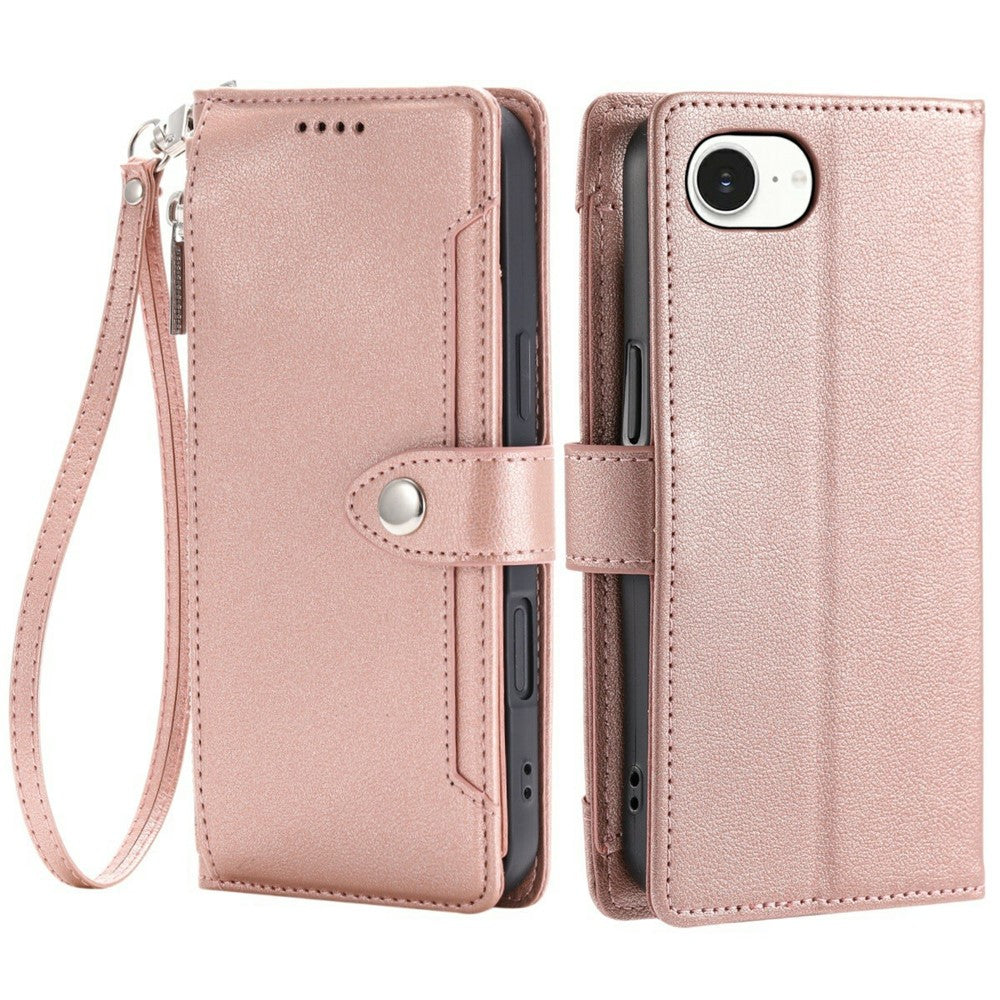 Wallet Case for iPhone 16e  /  17e Litchi Texture Zipper Pocket Stand Leather Flip Phone Cover with Wrist Strap