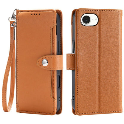 Wallet Case for iPhone 16e  /  17e Litchi Texture Zipper Pocket Stand Leather Flip Phone Cover with Wrist Strap