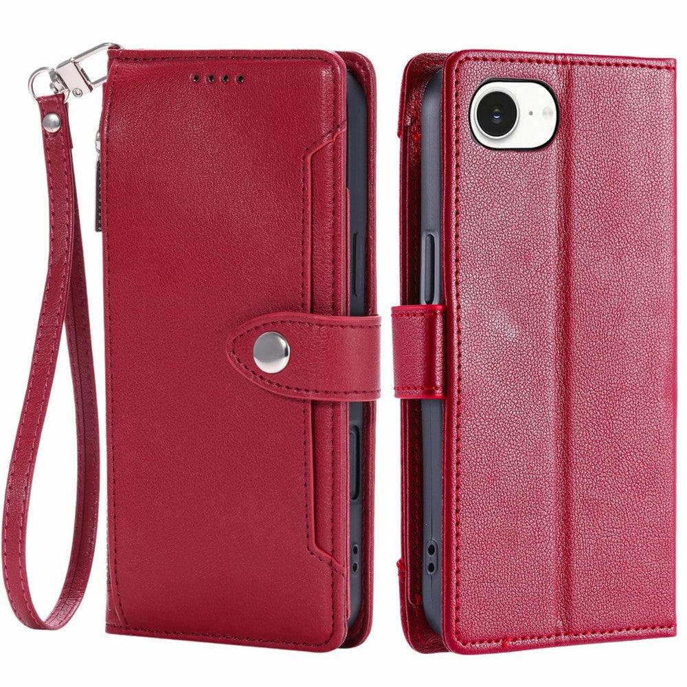Wallet Case for iPhone 16e  /  17e Litchi Texture Zipper Pocket Stand Leather Flip Phone Cover with Wrist Strap