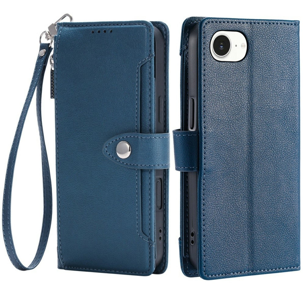 Wallet Case for iPhone 16e  /  17e Litchi Texture Zipper Pocket Stand Leather Flip Phone Cover with Wrist Strap