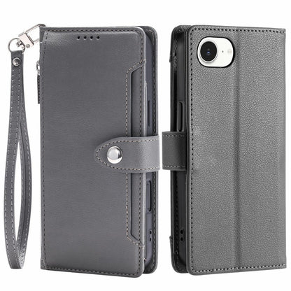 Wallet Case for iPhone 16e  /  17e Litchi Texture Zipper Pocket Stand Leather Flip Phone Cover with Wrist Strap
