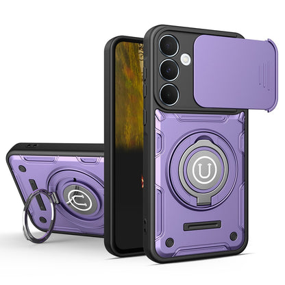 For Samsung Galaxy S26+ Case with Slide Camera Cover Ring Kickstand PC + TPU Phone Shell - Purple
