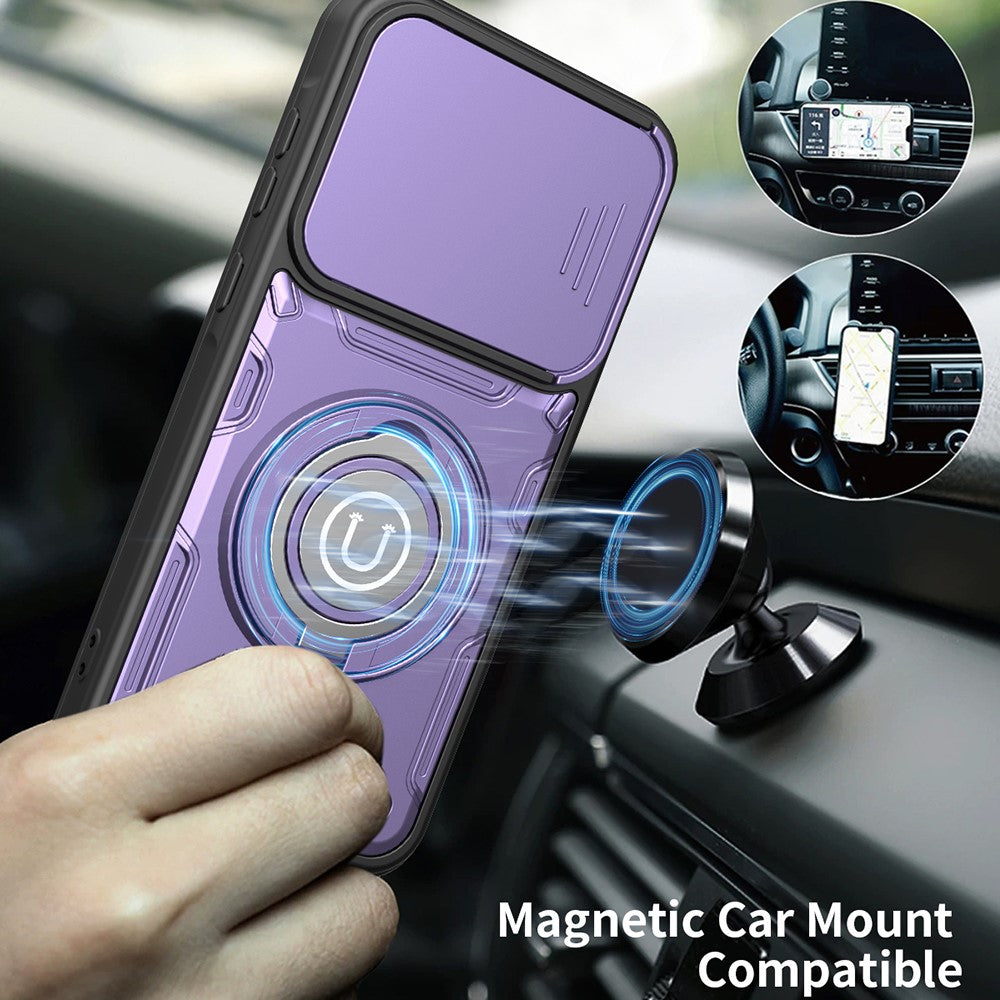 For Samsung Galaxy S26+ Case with Slide Camera Cover Ring Kickstand PC + TPU Phone Shell - Purple