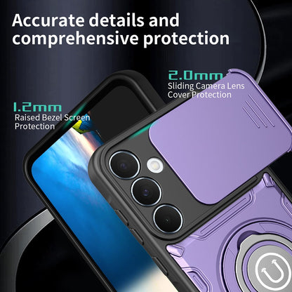 For Samsung Galaxy S26+ Case with Slide Camera Cover Ring Kickstand PC + TPU Phone Shell - Purple