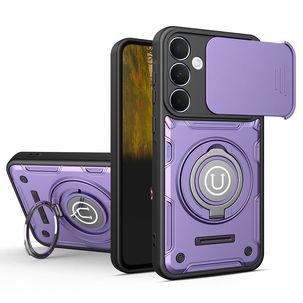 For Samsung Galaxy S26+ Case with Slide Camera Cover Ring Kickstand PC + TPU Phone Shell - Purple