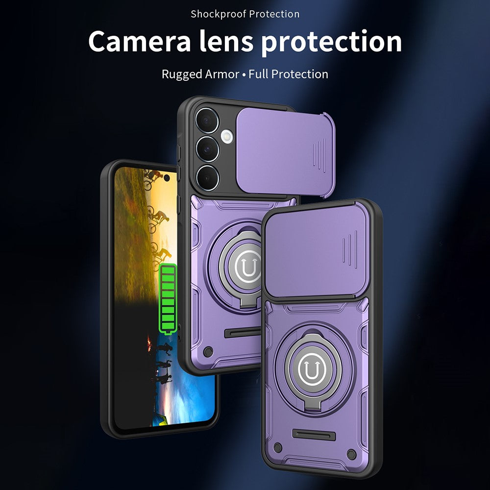 For Samsung Galaxy S26+ Case with Slide Camera Cover Ring Kickstand PC + TPU Phone Shell - Purple