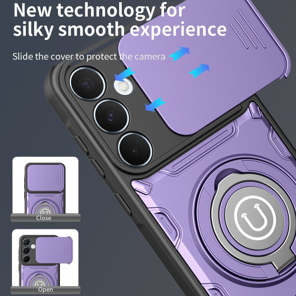 For Samsung Galaxy S26+ Case with Slide Camera Cover Ring Kickstand PC + TPU Phone Shell - Purple
