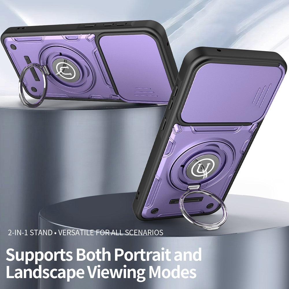 For Samsung Galaxy S26+ Case with Slide Camera Cover Ring Kickstand PC + TPU Phone Shell - Purple
