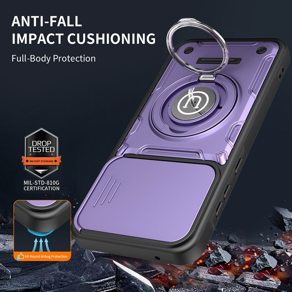 For Samsung Galaxy S26+ Case with Slide Camera Cover Ring Kickstand PC + TPU Phone Shell - Purple