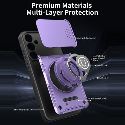 For Samsung Galaxy S26+ Case with Slide Camera Cover Ring Kickstand PC + TPU Phone Shell - Purple