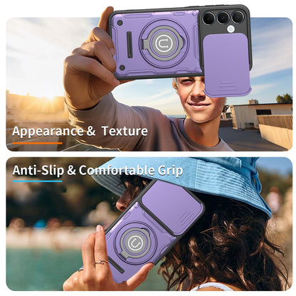 For Samsung Galaxy S26+ Case with Slide Camera Cover Ring Kickstand PC + TPU Phone Shell - Purple