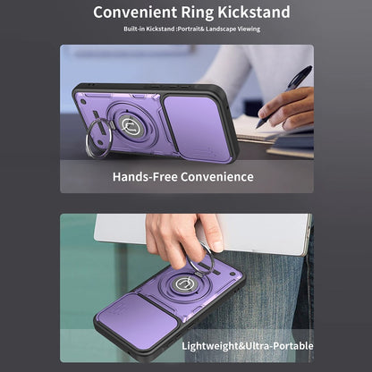 For Samsung Galaxy S26+ Case with Slide Camera Cover Ring Kickstand PC + TPU Phone Shell - Purple
