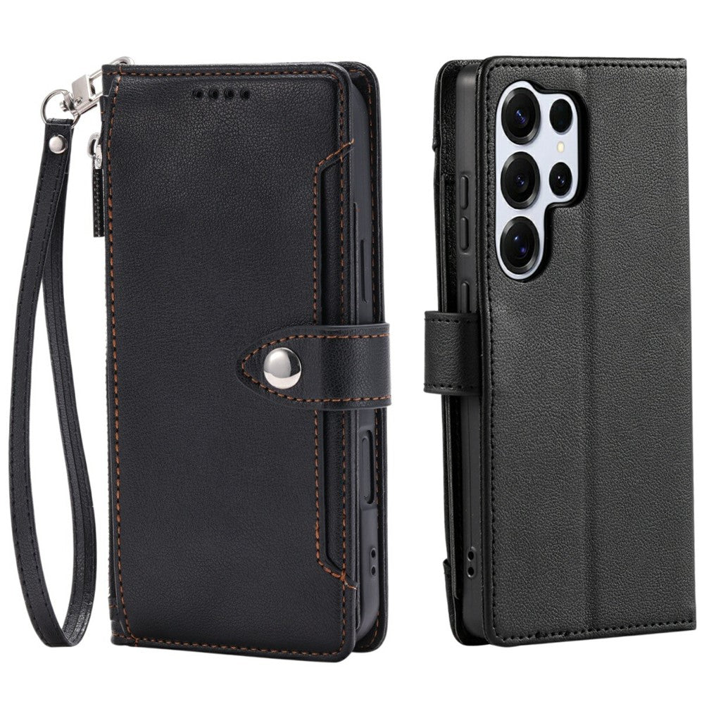 Wallet Case for Samsung Galaxy S25 Ultra Litchi Texture Zipper Pocket Stand Leather Flip Phone Cover with Wrist Strap