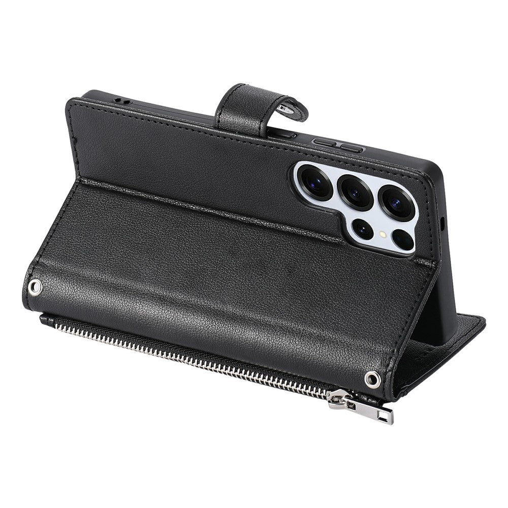 Wallet Case for Samsung Galaxy S25 Ultra Litchi Texture Zipper Pocket Stand Leather Flip Phone Cover with Wrist Strap