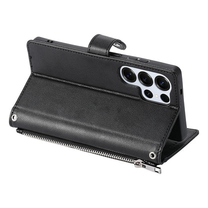 Wallet Case for Samsung Galaxy S25 Ultra Litchi Texture Zipper Pocket Stand Leather Flip Phone Cover with Wrist Strap