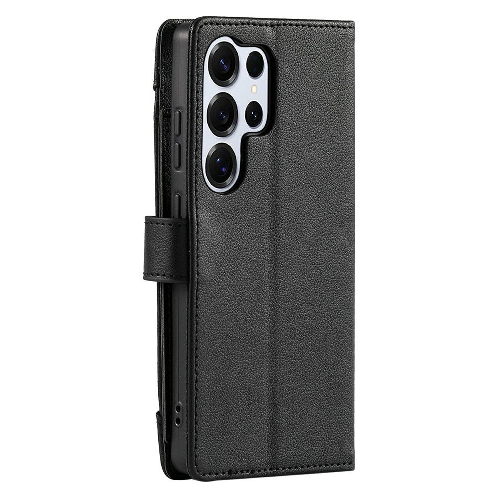 Wallet Case for Samsung Galaxy S25 Ultra Litchi Texture Zipper Pocket Stand Leather Flip Phone Cover with Wrist Strap