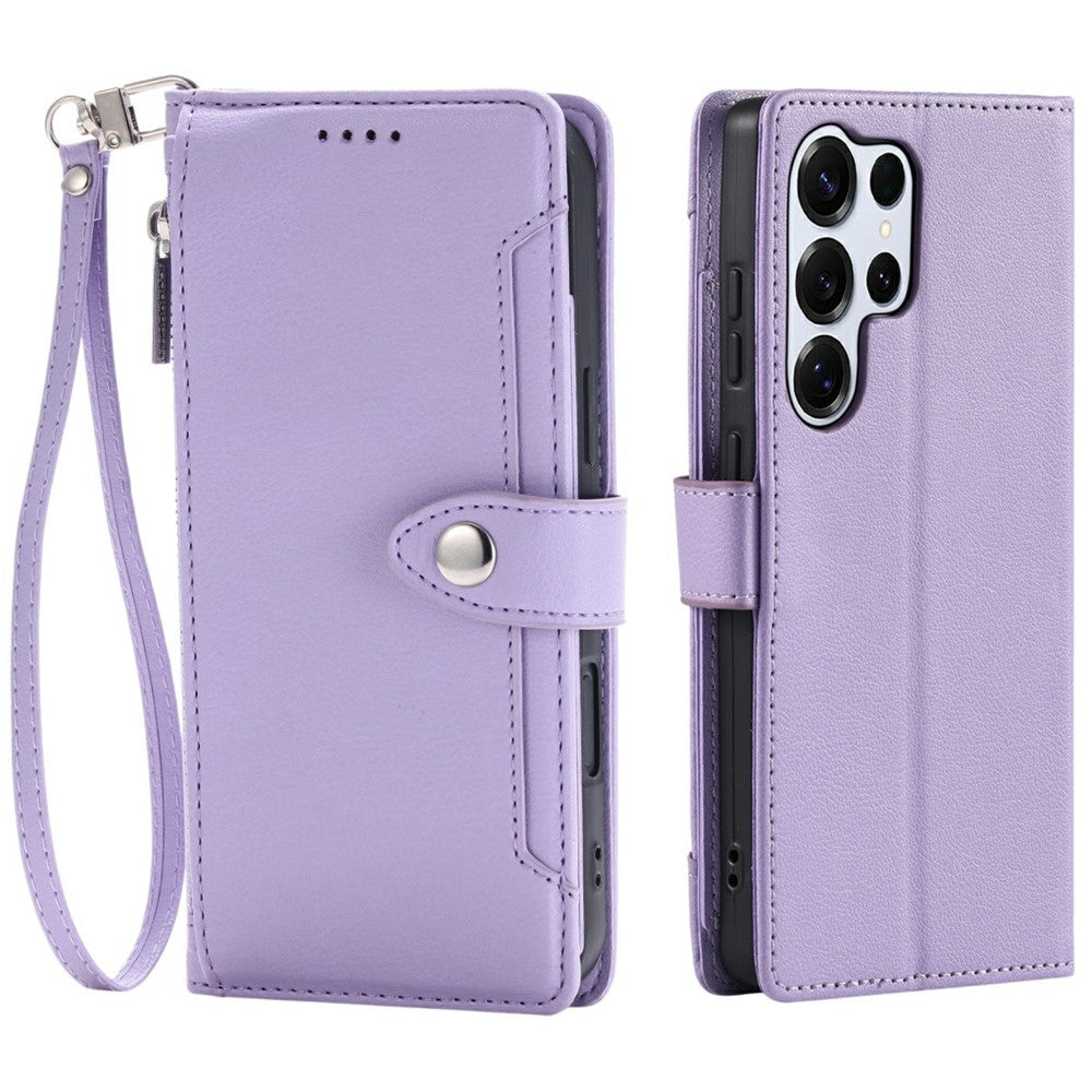 Wallet Case for Samsung Galaxy S25 Ultra Litchi Texture Zipper Pocket Stand Leather Flip Phone Cover with Wrist Strap