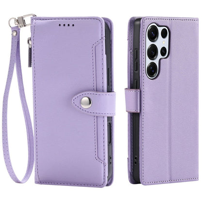 Wallet Case for Samsung Galaxy S25 Ultra Litchi Texture Zipper Pocket Stand Leather Flip Phone Cover with Wrist Strap