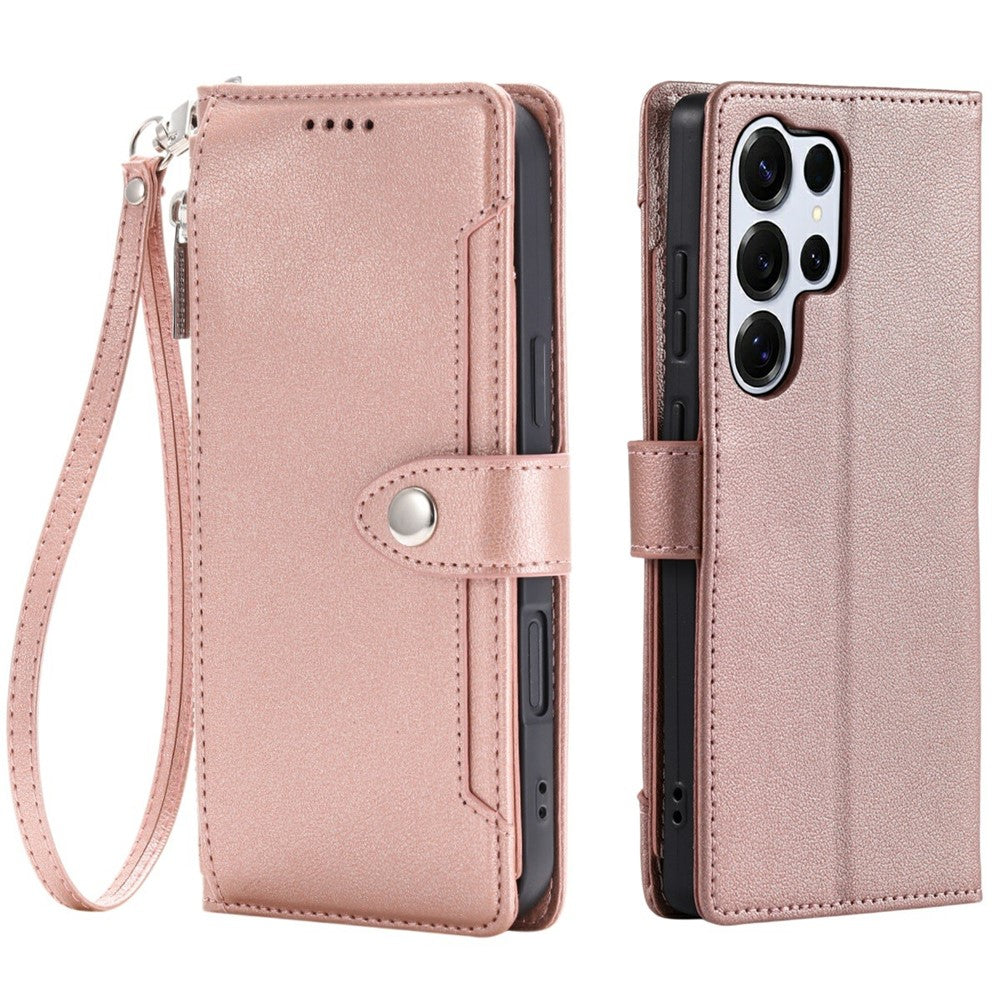 Wallet Case for Samsung Galaxy S25 Ultra Litchi Texture Zipper Pocket Stand Leather Flip Phone Cover with Wrist Strap