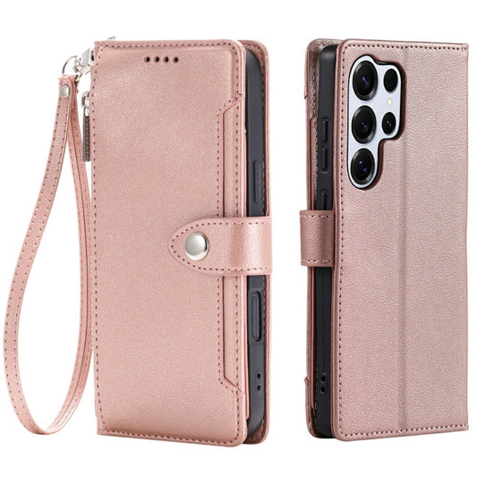 Wallet Case for Samsung Galaxy S25 Ultra Litchi Texture Zipper Pocket Stand Leather Flip Phone Cover with Wrist Strap
