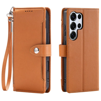 Wallet Case for Samsung Galaxy S25 Ultra Litchi Texture Zipper Pocket Stand Leather Flip Phone Cover with Wrist Strap