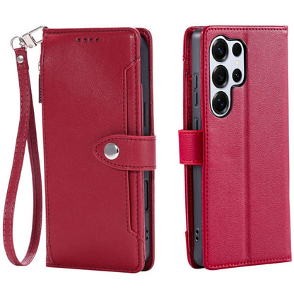 Wallet Case for Samsung Galaxy S25 Ultra Litchi Texture Zipper Pocket Stand Leather Flip Phone Cover with Wrist Strap
