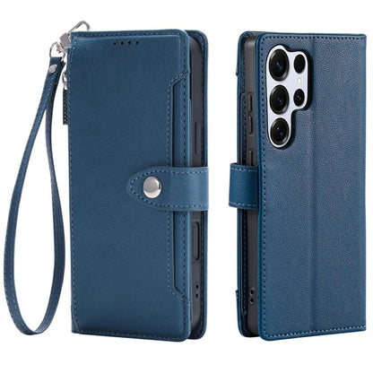 Wallet Case for Samsung Galaxy S25 Ultra Litchi Texture Zipper Pocket Stand Leather Flip Phone Cover with Wrist Strap