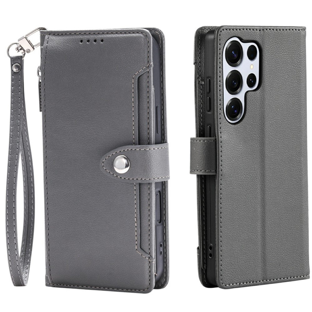 Wallet Case for Samsung Galaxy S25 Ultra Litchi Texture Zipper Pocket Stand Leather Flip Phone Cover with Wrist Strap