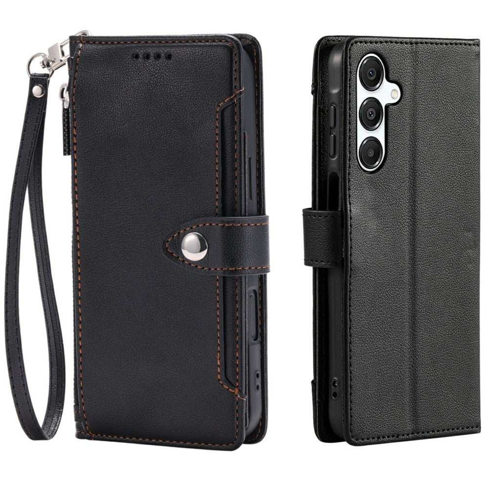Wallet Case for Samsung Galaxy S26+ Litchi Texture Zipper Pocket Stand Leather Flip Phone Cover with Wrist Strap