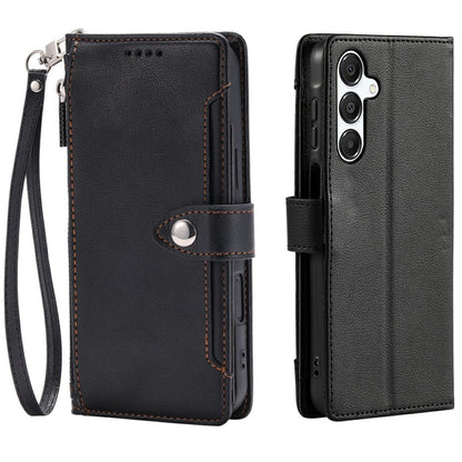 Wallet Case for Samsung Galaxy S26+ Litchi Texture Zipper Pocket Stand Leather Flip Phone Cover with Wrist Strap